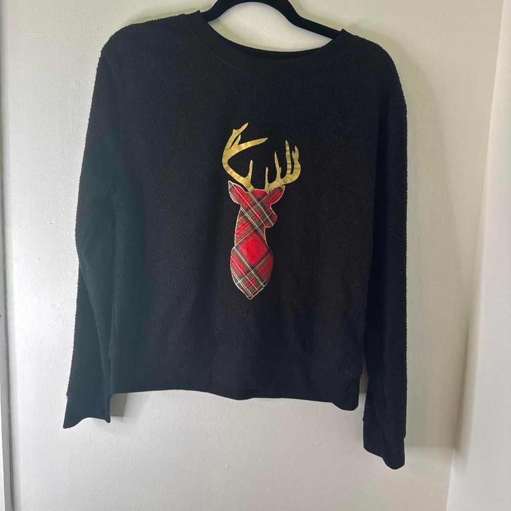 No Boundaries Sweatshirt Womens M Black Good Reindeer Plaid Holiday Sherpa